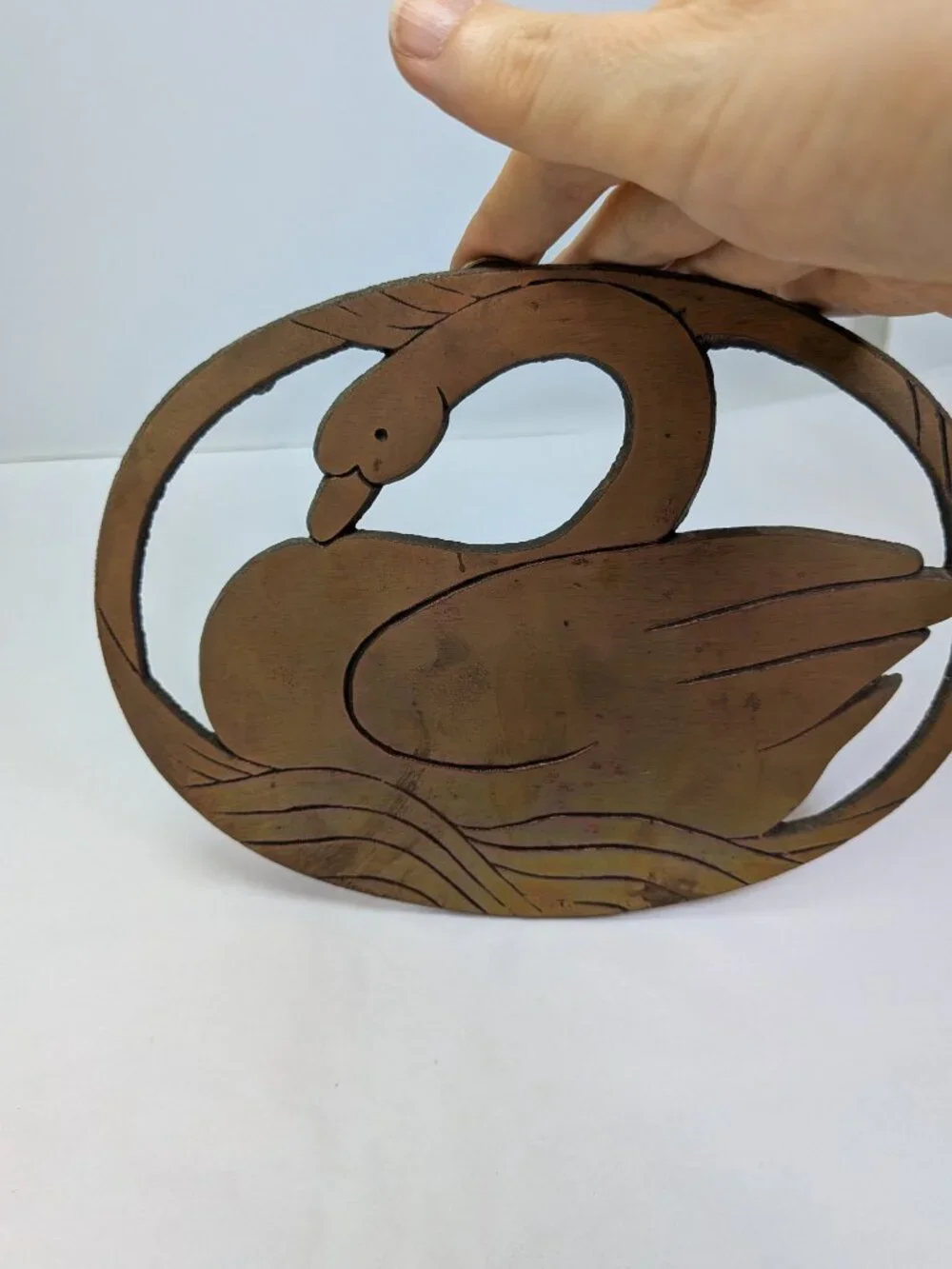 Vintage Solid Copper Swan Trivet Iridescent Rainbow Patina Wall Hanging
